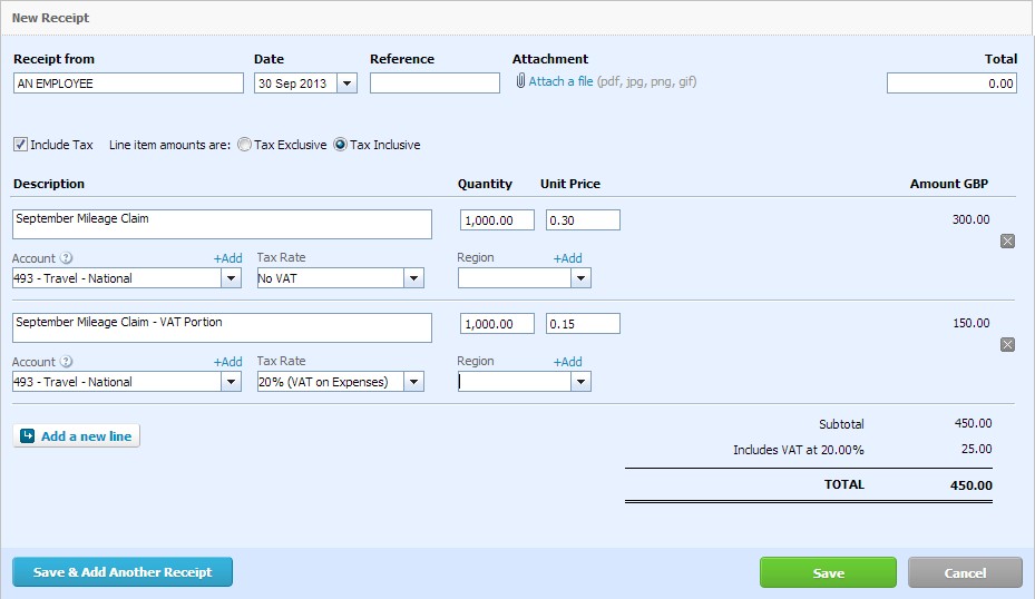 Xero expense claim showing mileage